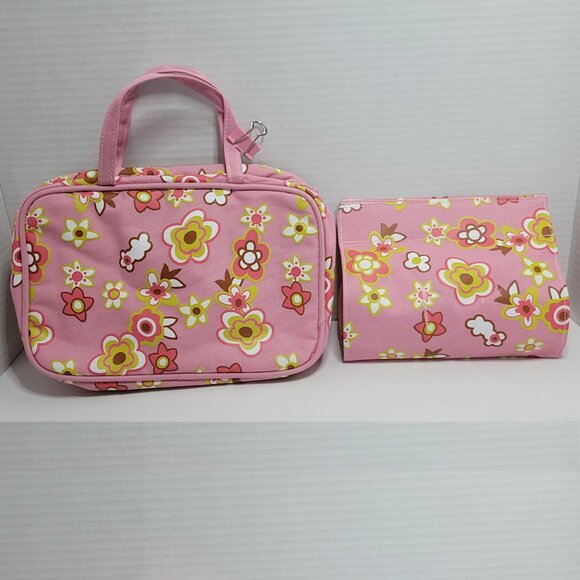 2 In 1 Makeup And Cosmetic Bag set Of 2 Vintage 1990's Pink Flowery Pattern - Picture 1 of 14